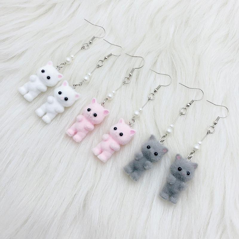 Unique Flocking Animal Earrings Cartoon Cats Shaped Ear Rings Ornament Women Girls Accessory Stylish Party Accessories