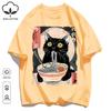 Cat Likes To Eat Noodles And Daydream Design Unisex Retro T-Shirt Casual Cotton Sportwear Loose Hip Hop Clothing Unisex O-Neck Tee
