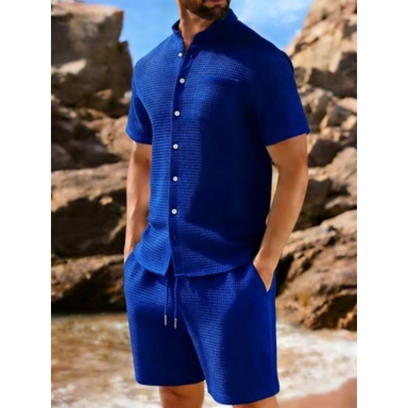 Men's Trendy Waffle Lapel Two-Piece Summer Set