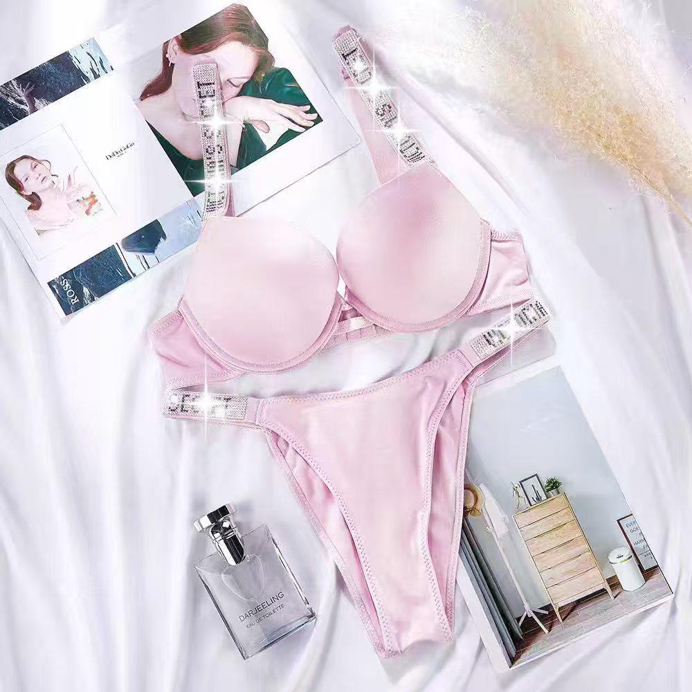 Plus Size European & American Light Luxury Diamond Strap Push-Up Bra & High Cut Panty Set