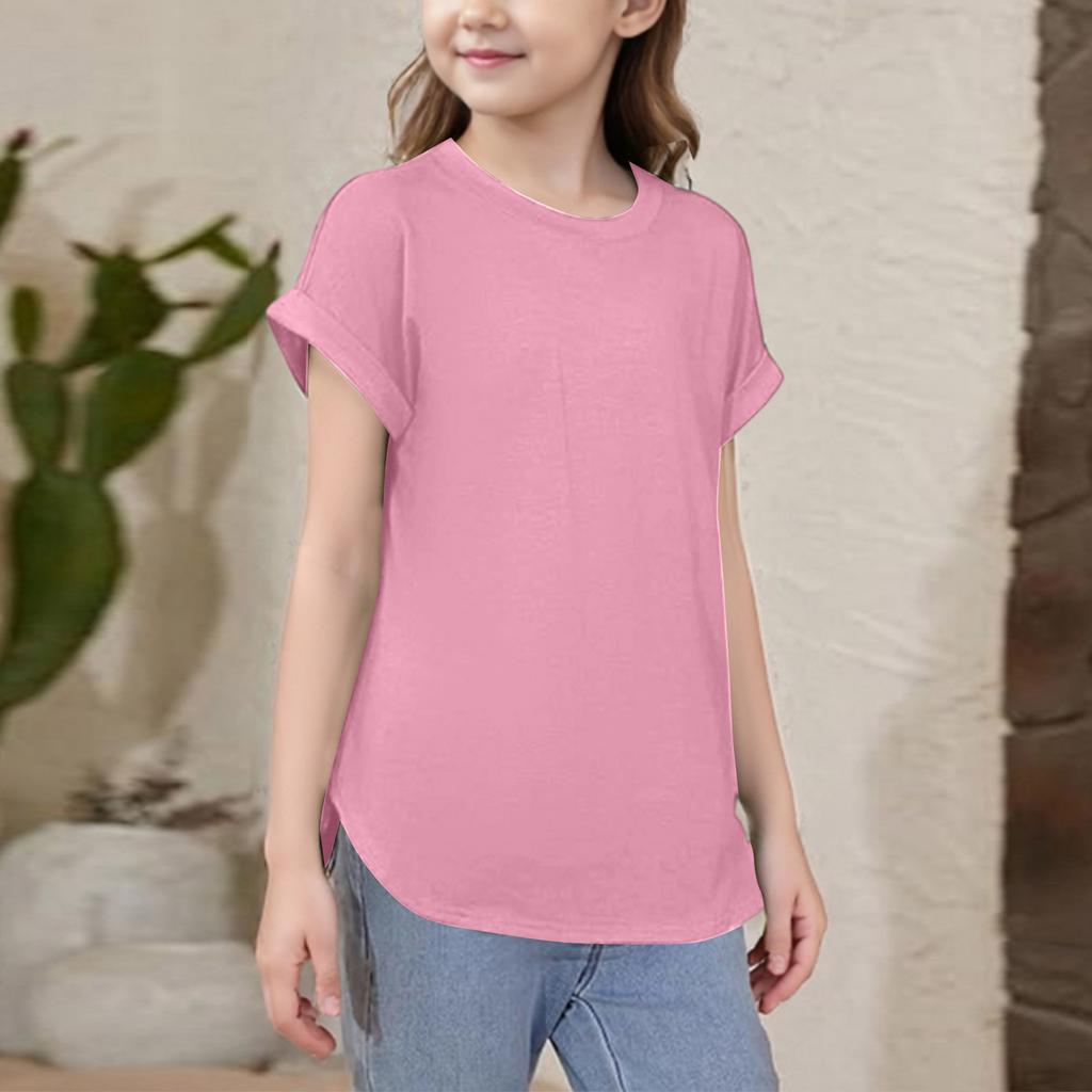 Girls Short Sleeve T Shirts Kids Crewneck Curve Summer Tees Hem Tops Sleeve T Shirts