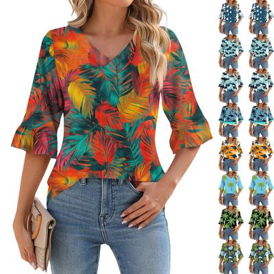Women's Casual 3/4 Sleeve Top Summer V-neck Puffy Sleeve T-shirt Hawaiian Print Top