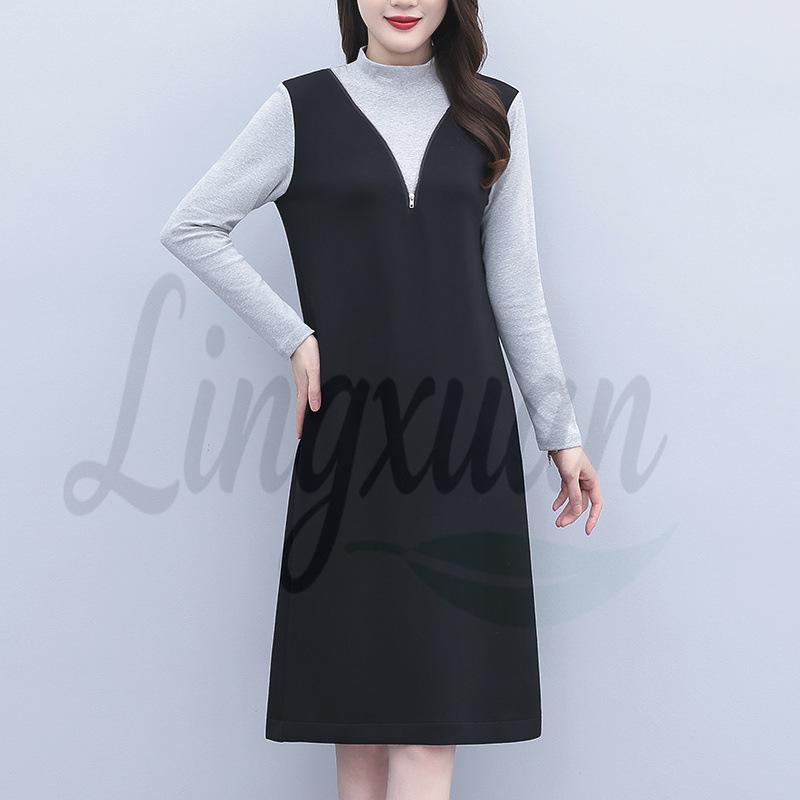 

Plus Size Women s Two-Piece Look Casual Slimming Long Sleeve Dress with Semi-High Collar for Spring and Autumn. 5XL чёрный