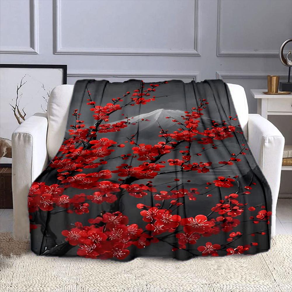 Red Blossom with Mountain Backdrop Patterned Flannel Blanket Perfect for the Bedroom Living Room, Sofa, or a Little Nap