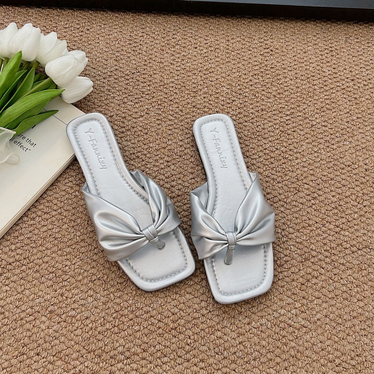 

Fashion Fashion Summer Women Flip Flops Shoes NewSquare Open Toe Flat Bottom Slipper Inddor Outdoor Casual Women Shoe Solid Beach Slides 42 серебряный