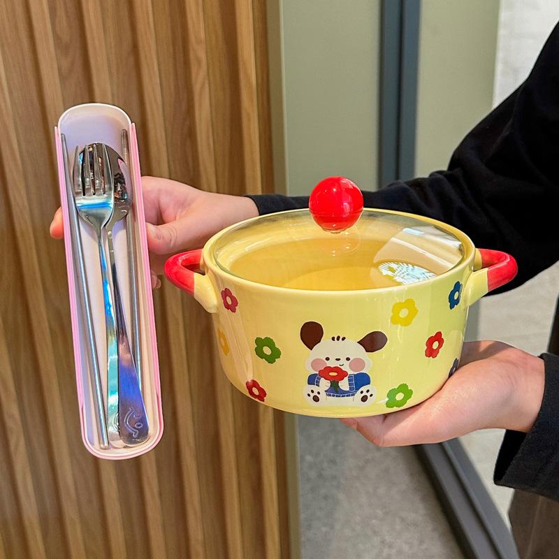 Cream Wind Tableware Cute Ceramic Instant Noodle Bowl with Lid Binaural Soup Bowl Instant Noodle Bowl for Student Dormitory
