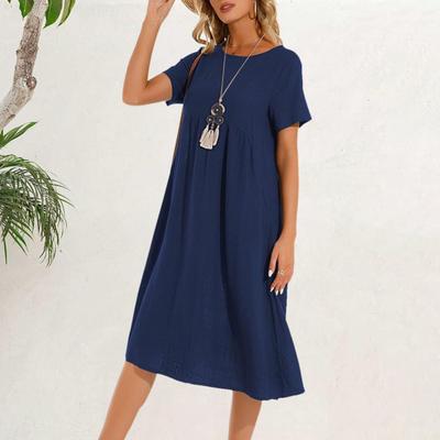 Damenkleid Rundhalsausschnitt Kurzarm Knielang Einfarbiges Kleid mit Taschen Locker sitzendes Sommerkleid