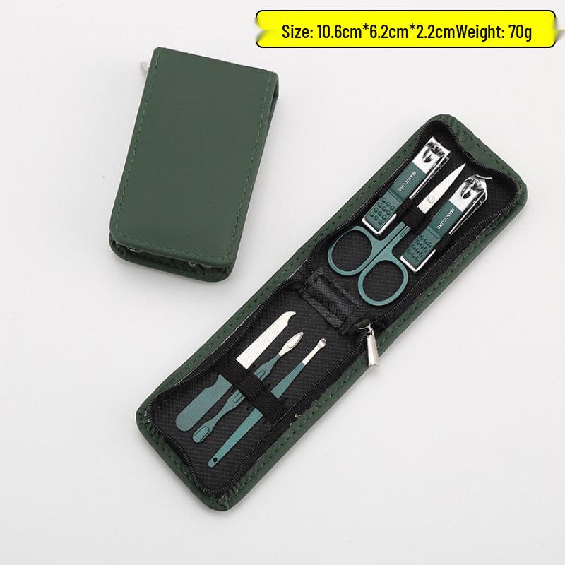 Dark Green Zipper Bag 6/9-Piece Beauty Set: Nail Clippers, Eyebrow Trimmer, Tweezers, Ear Spoon.