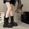 Thick-soled black motorcycle boots women's autumn retro handsome and thin short boots medium tube Martin boots