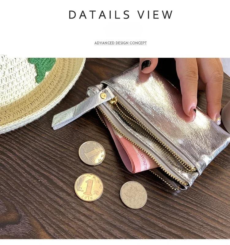 Kuskinn Ekte Lær Lommebok Dame Myntpung Pengepose Klemme Sølv Mote Dame Lommebok Kredittkortholder Liten Dame Glidelåsposer Pose