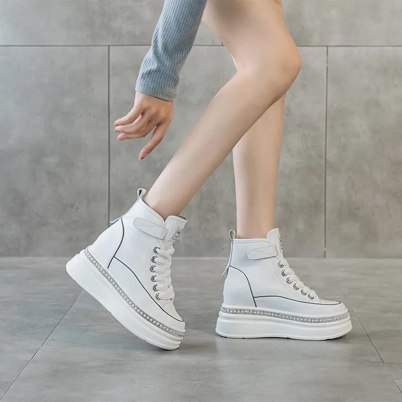 Fashion 8CM High Top Women Genuine Leather Platform Boots Wedge Hidden Heel Hook Spring Autumn Bling Women Shoes Sneakers Ankle Boots