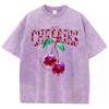 Crystal Cherries Washed TShirts Women Cotton Tees Fruit Letter Print Tops Oversize Distressed Short Sleeve Summer Woman Clothes