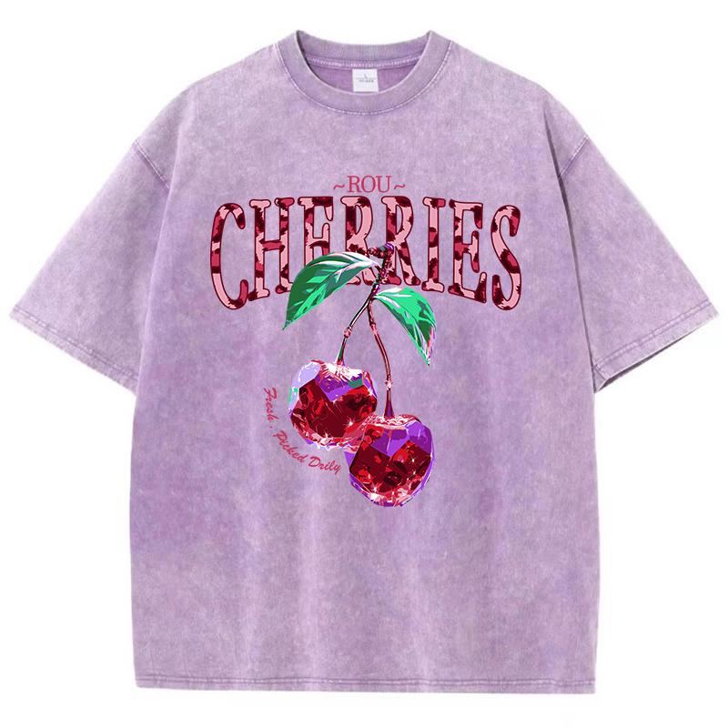 Crystal Cherries Washed TShirts Women Cotton Tees Fruit Letter Print Tops Oversize Distressed Short Sleeve Summer Woman Clothes