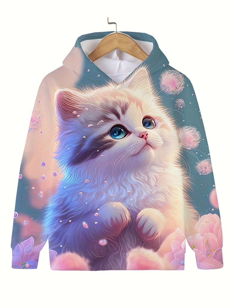 Trendy Kids Kitten Graphic Hooded Sweatshirt Boys Girls Sports Outdoor Tops Casual Cartoon Print Hoodies Girls' Autumn Clothes