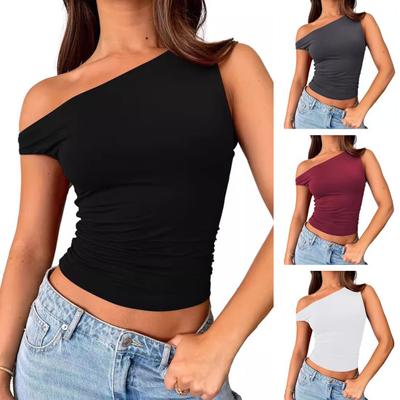 Women Vest Skew Collar Sleeveless Pullover Tops Solid Color Slim Fit Asymmetrical Neckline Camisole