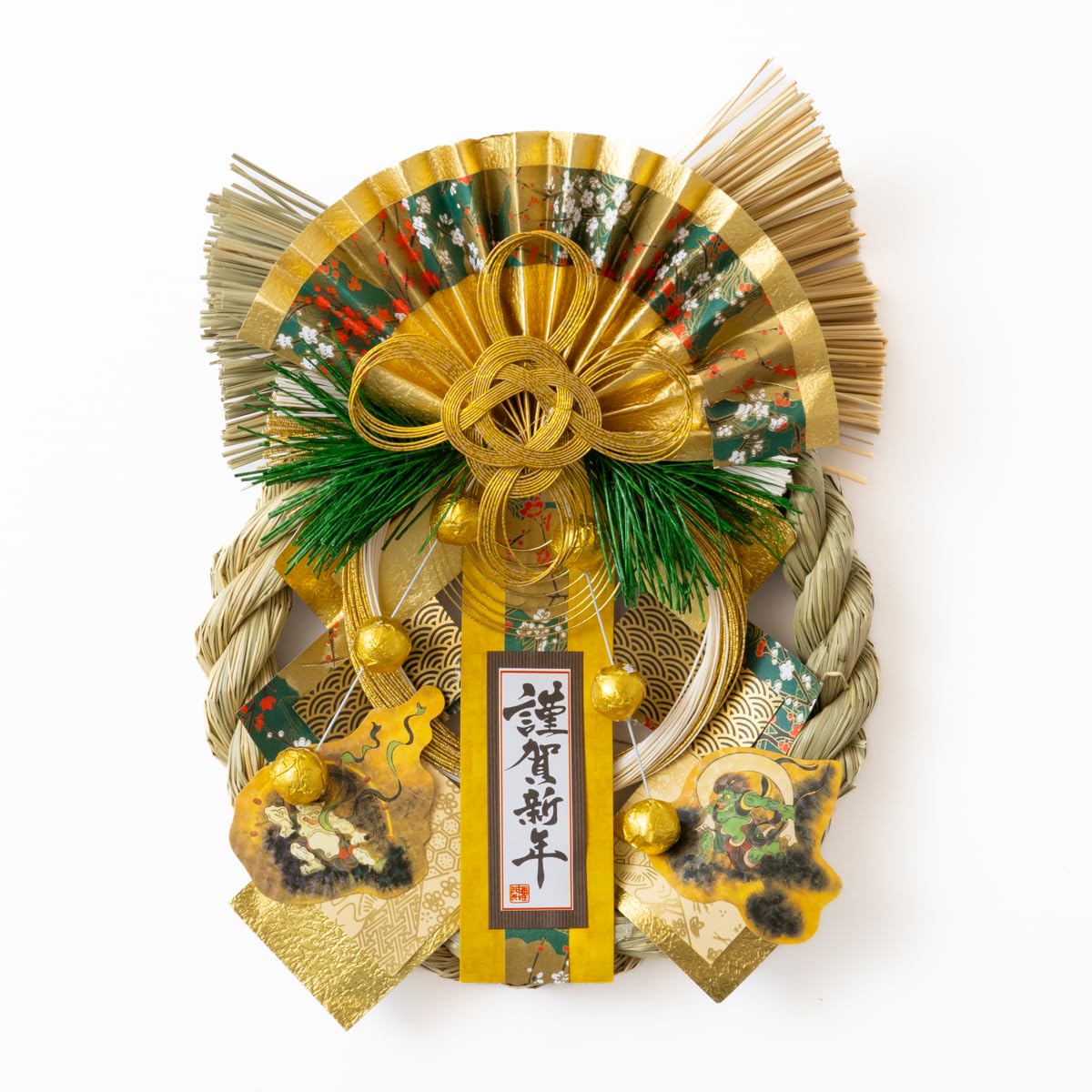 Hideshime New Entrance Wind God and Thunder God Rinrin Year s Decoration, Shimenawa, Wreath, Ornament, (LD-09) золотой