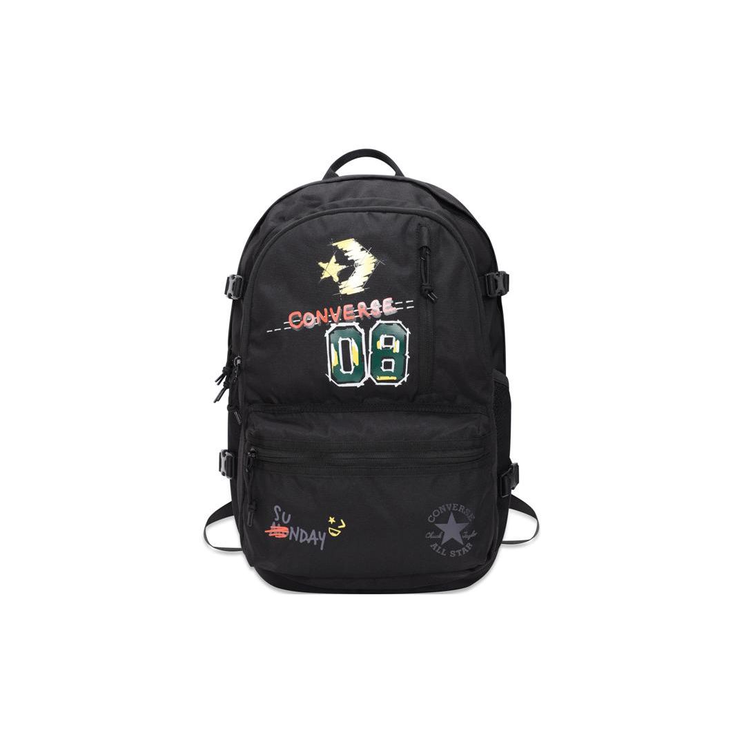 Converse Straight Edge Vintage Street Style Printed Zipper Backpack Unisex Backpack Black 10024938-A01 Black