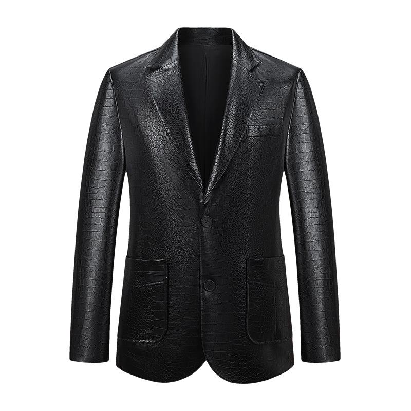 European size crocodile leather jacket men's youth pu leather jacket suit collar business casual leather jacket men's season thin