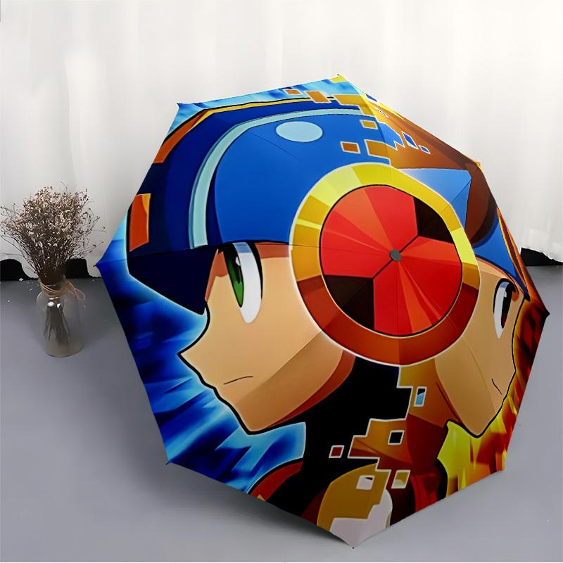 1PC Mega Man PixelArt RetroGaming Automatic Folding Umbrella - Compact 8-Rib Design, Durable Plastic & Iron, Daily Use F010648