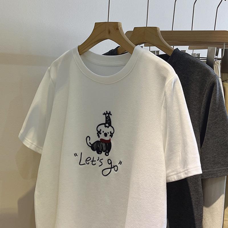 Korean Style Women's Cartoon Puppy Embroidery Red Scarf Short-Sleeve T-Shirt