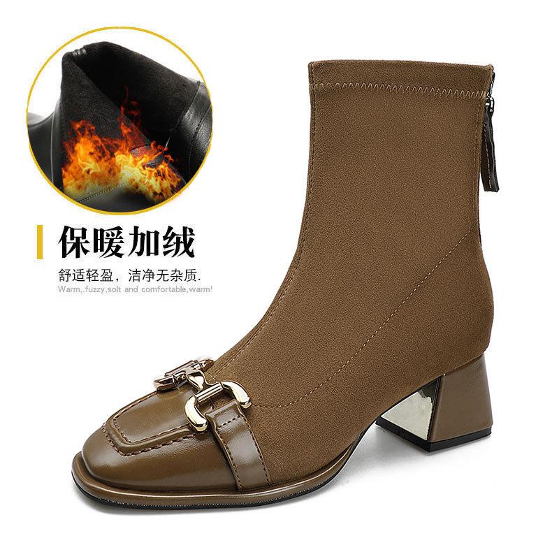 

Женские полусапожки на высоком каблуке, новые сапоги, комбинированные, с квадратным носком, одинарные сапоги на толстом каблуке, ретро, с пряжкой в виде конской упряжи, полусапожки 39