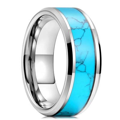 Fashion 8mm Men Stainless Steel Rings Inlay Blue Turquoise Rings For Men Women Wedding Engagement Band Jewelry Gift