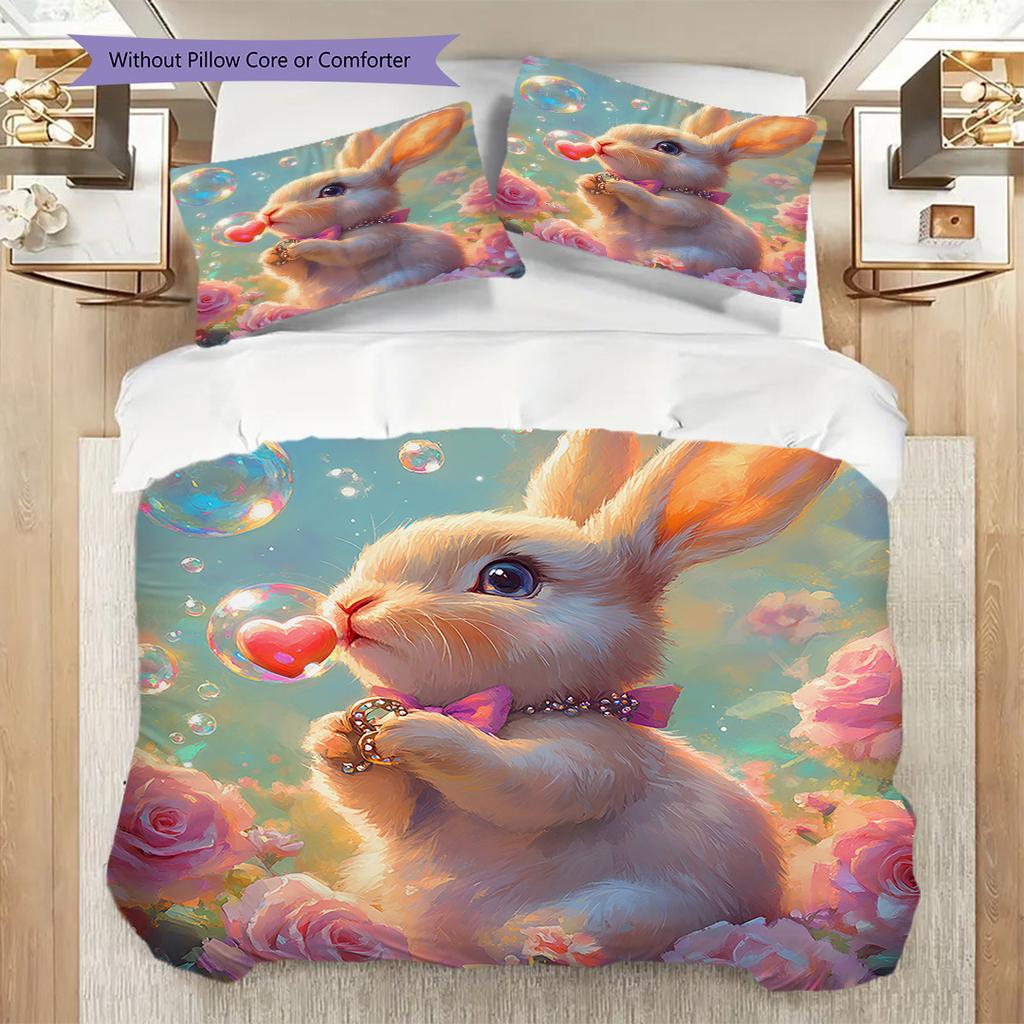 Rabbit Pattern Bedding Quilt Set Quilt Cover Pillowcase Home Decoration Birthday Gift (1 * duvet cover + 2 * pillowcase, without core)
