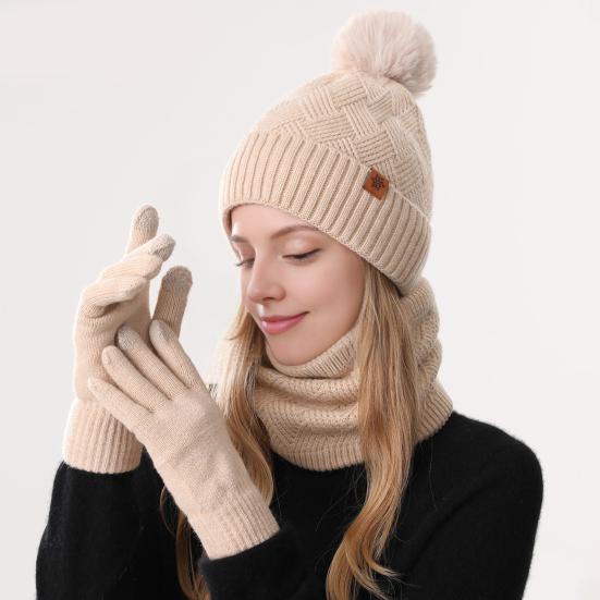 Yousheng 3Pcs/Set Women Hat Scarf Gloves Set Plush Ball Hat Cold Protection Double-Layer Scarf Touchscreen Gloves Set Ski Cycling Gear