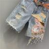 Summer Women's Jeans Korean Fashion Hole Ripped Beading Vintage Printed Knee Length Denim Pants Y2K High Street