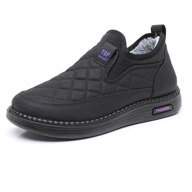 Men's Waterproof Leather Winter Boots, Plush Lined Slip-On Snow Booties, Non-Slip Flat Sole Warm Ankle Boots