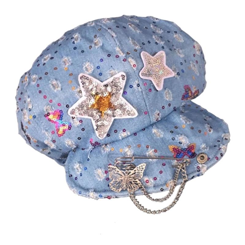 

2000s Wahsed Fabric Beret Hat With Sparkling Sequins Star and Butterfly Hat Pin For Women Fashion Head Accessories серебряный