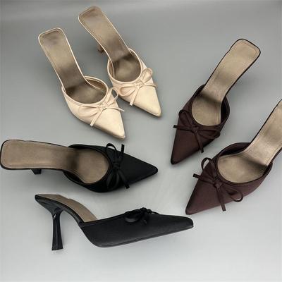 Summer Women's New Comfortable Pointed Head Bow High Heel Bag Head Light Mouth Half Slippers Women