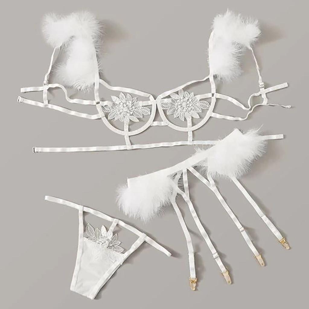 Sexy, exquisites Mesh-Dessous-Set aus BH, Strumpfband und Slip, Babydoll-Nachtwäsche mit Ausschnitten