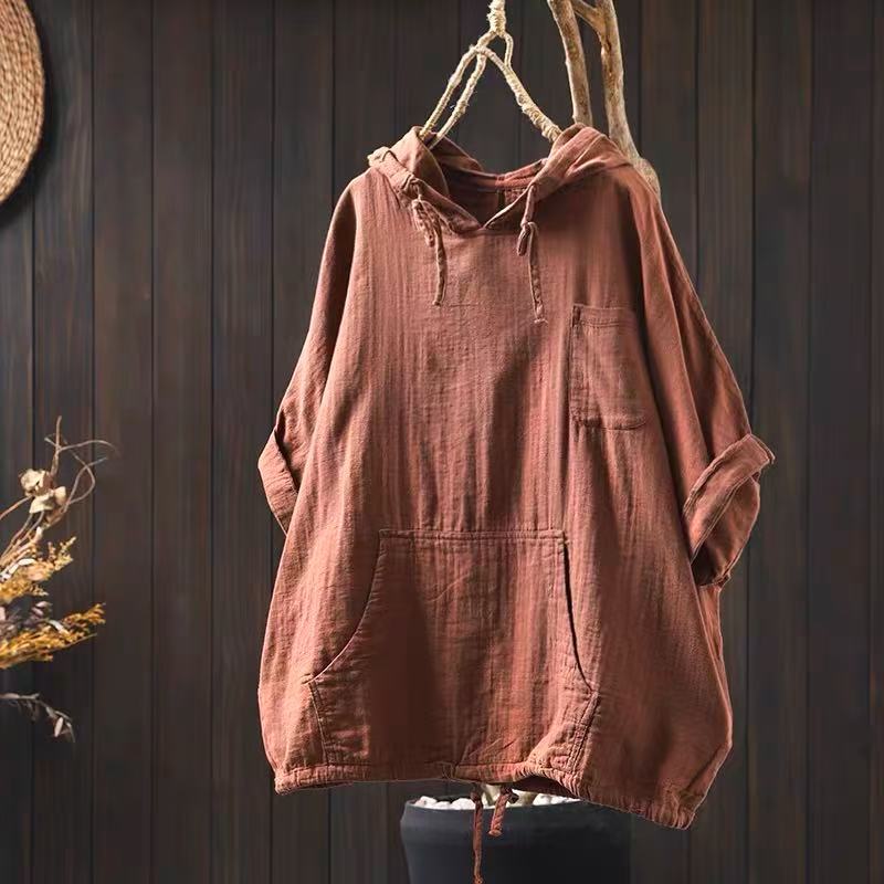 

Women Hooded Casual Cotton T-Shirts Half Sleeve Summer Tees 2025 New Solid Color Loose Pockets Soft Cotton T-Shirts One Size червоний