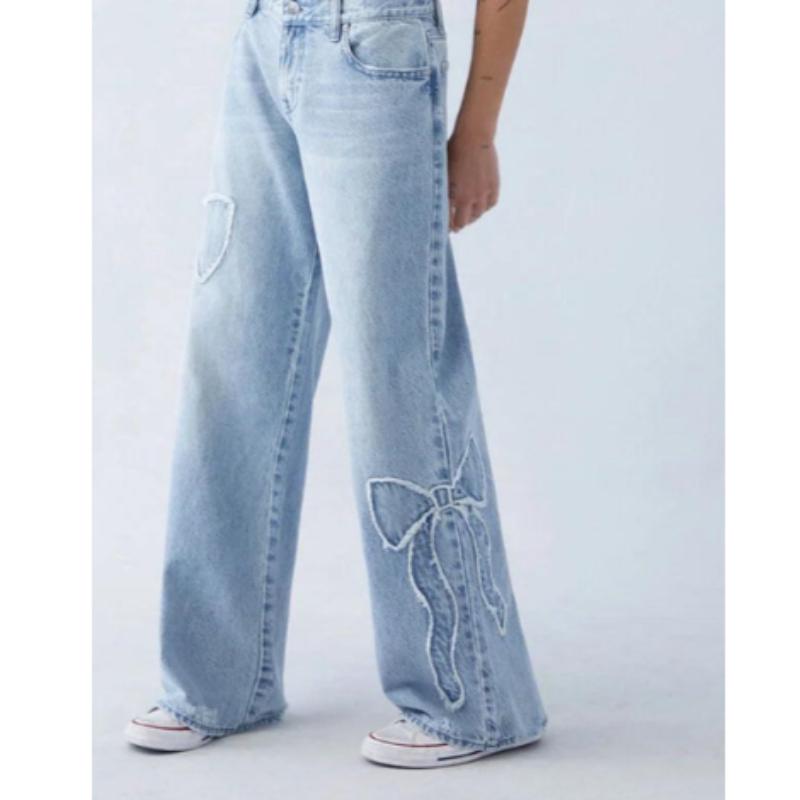 Americké vyšívané džíny s třásněmi na boku dámské high street design dívčí volné rovné kalhoty