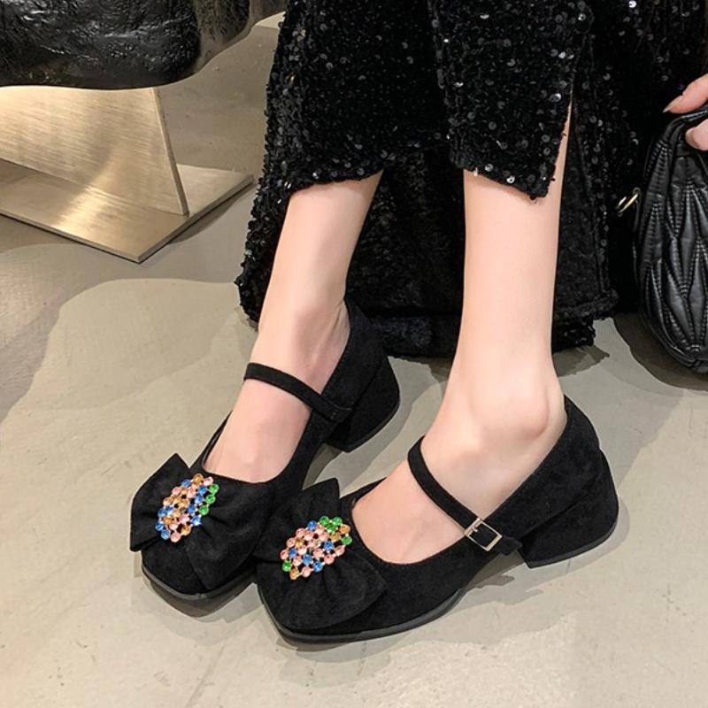 

Fashion Luxury Women Crystal Bow High Heels Sandals Chunky Mary Janes Shoes New 2025 Designer Summer Retro Lolita Shoes Women s Pumps 35 чёрный