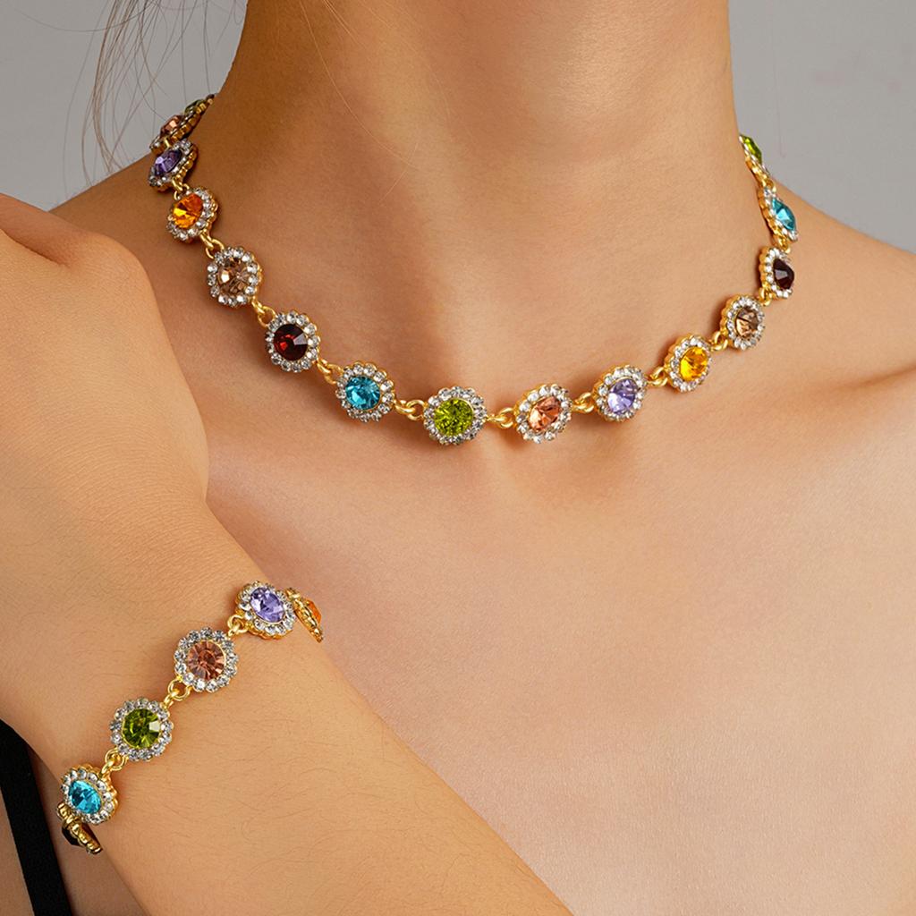 2pcs Set Luxury Temperament Colored Zircon Flower Bracelet Necklace Set for Women Trendy Personality Birthday Party Jewelry Sets