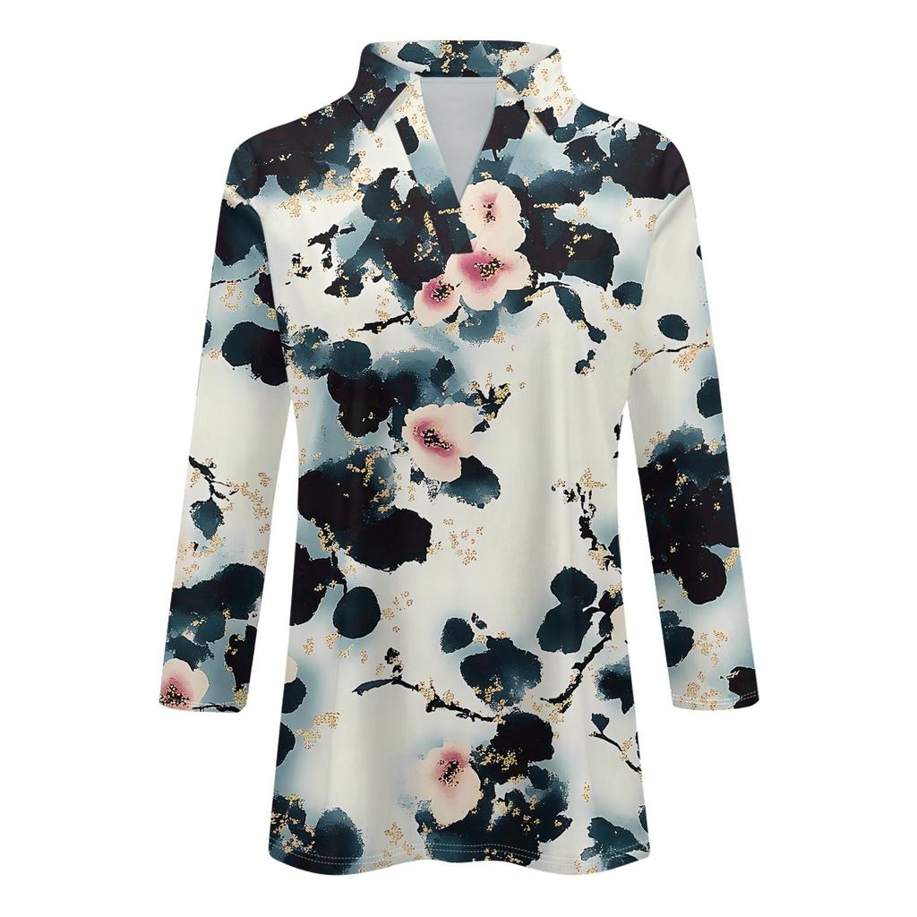 Women's Fashion Casual Lapel 3/4 Sleeve Printed Shirt Women's V Neck  Up Tops
