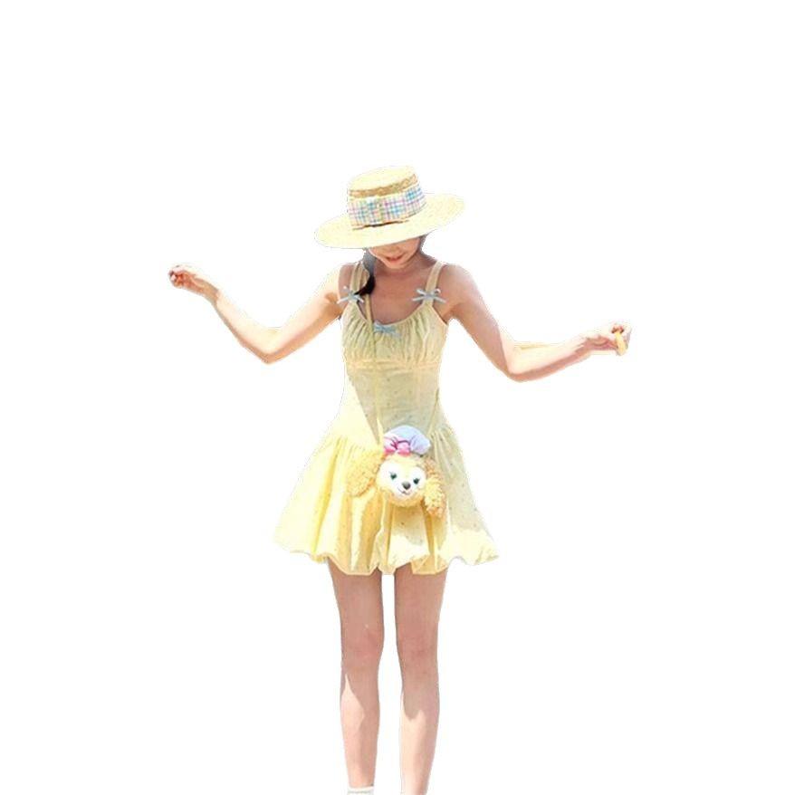 Dopamine Yellow Suspender Dress Female Sweet Small Holiday Wind Polka Dot Bud Skirt Waist Fluffy Skirt Summer