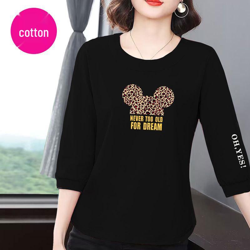 

Женская хлопковая футболка с рукавом семь восьмых свободного кроя в корейском стиле 2025 года - Универсальный, стройнящий летний топ, скрывающий живот L (100-110 lbs) чёрный