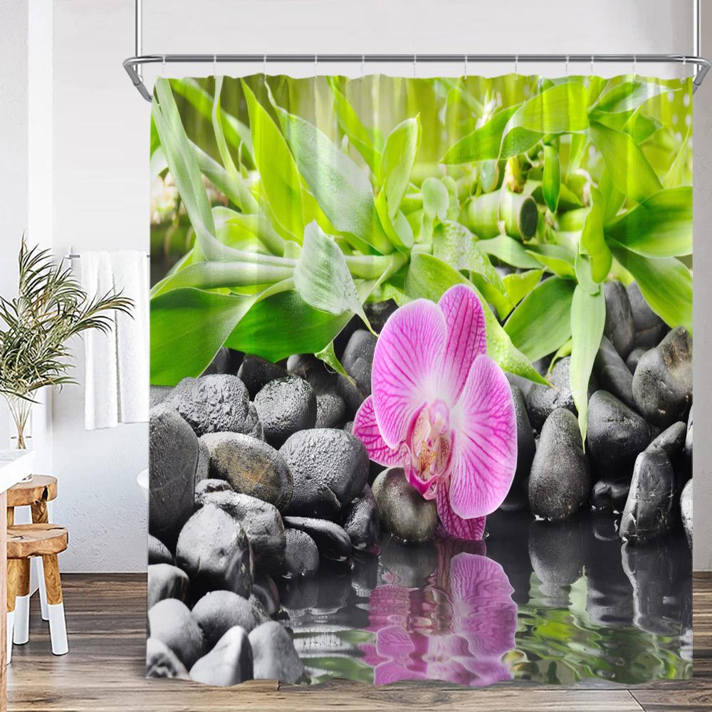 Zen Zasłony Prysznicowe Czarny Kamień Zielony Bambus Lotos Spa Świeca Fioletowa Orchidea Naturalny Liść Zasłona Łazienkowa Medytacja Wystrój Kąpieli