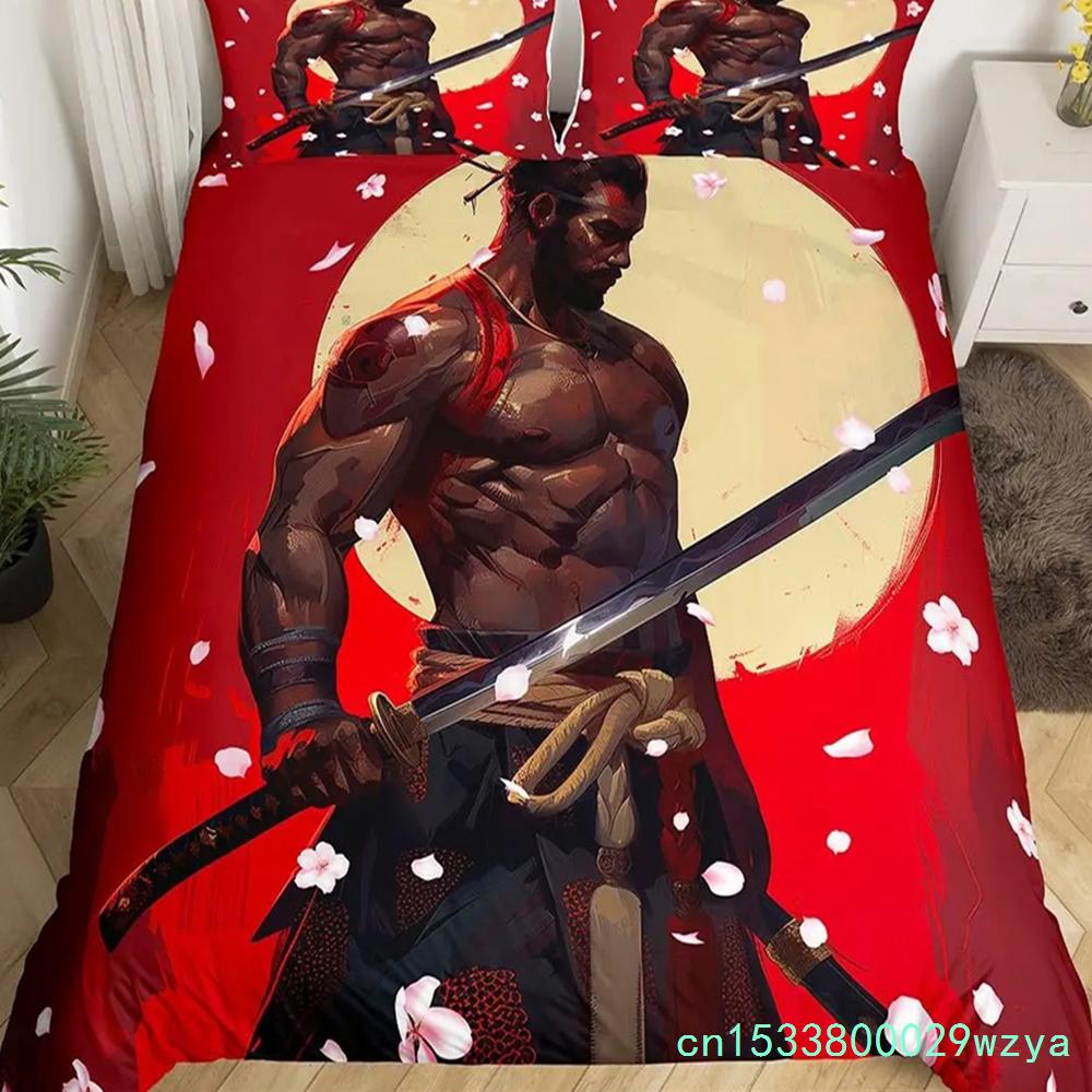 Japanese Samurai Bedding Set Full Size Cherry Blossoms Comforter Cover Red Sun Hokusai Duvet Cover Fuji Mountain Quilt Cover