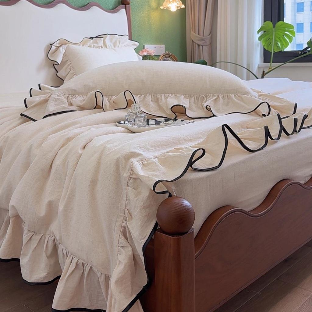 French Large Lace Cotton & Linen 4-Piece Set: Soft, Skin-Friendly Solid Color Bedding with Fitted Sheet