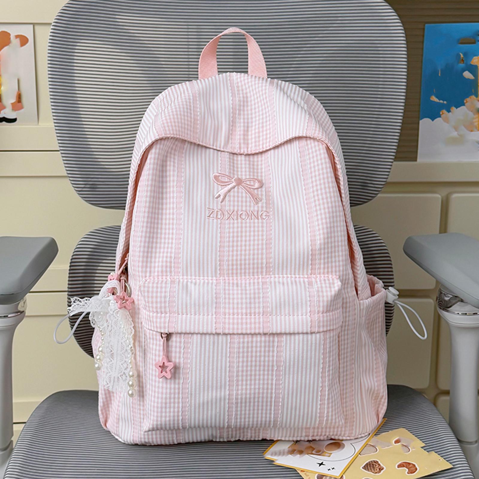 

Girl Bowknot Embroidery Backpack Large Capacity Cute Nylon School Bag Cartoon Plaid Shoulder Bag Outdoor Travel Date Backpacks