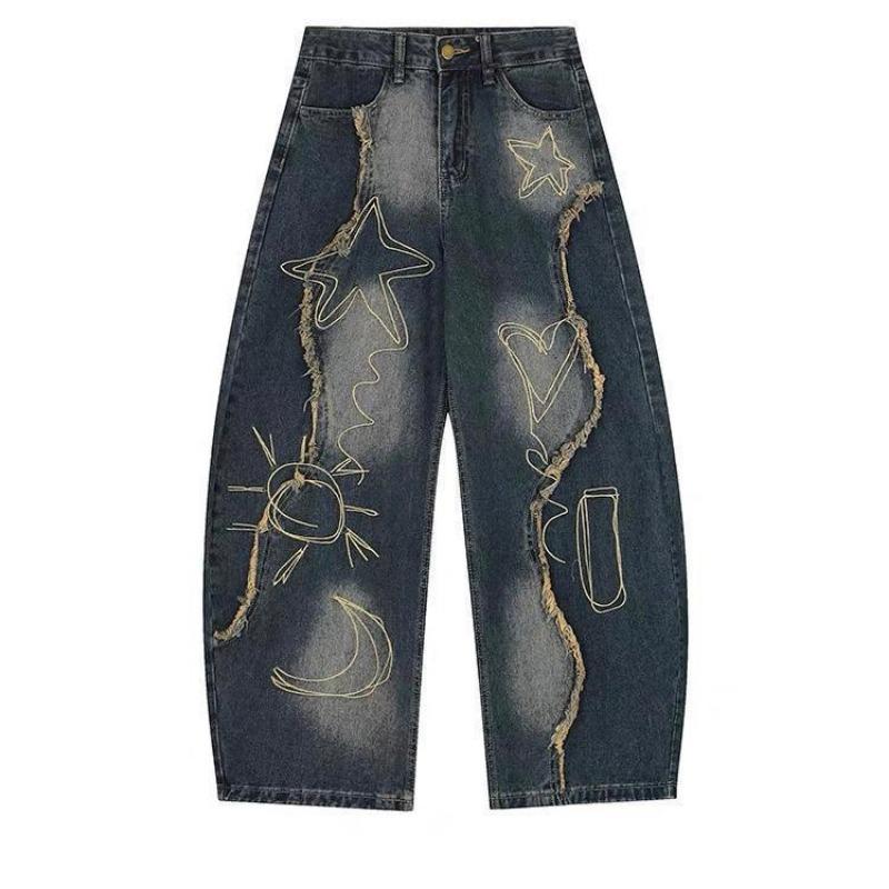 Unisex Loose Wide Leg Long Distressed Washed Denim Jeans
