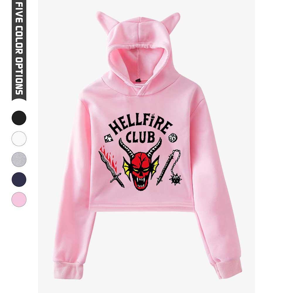 NOWOŚĆ Damska Modna Bluza z Kapturem Crop Top z Długim Rękawem z Nadrukiem Klubu Piekielnego Hoody dla Dziewcząt