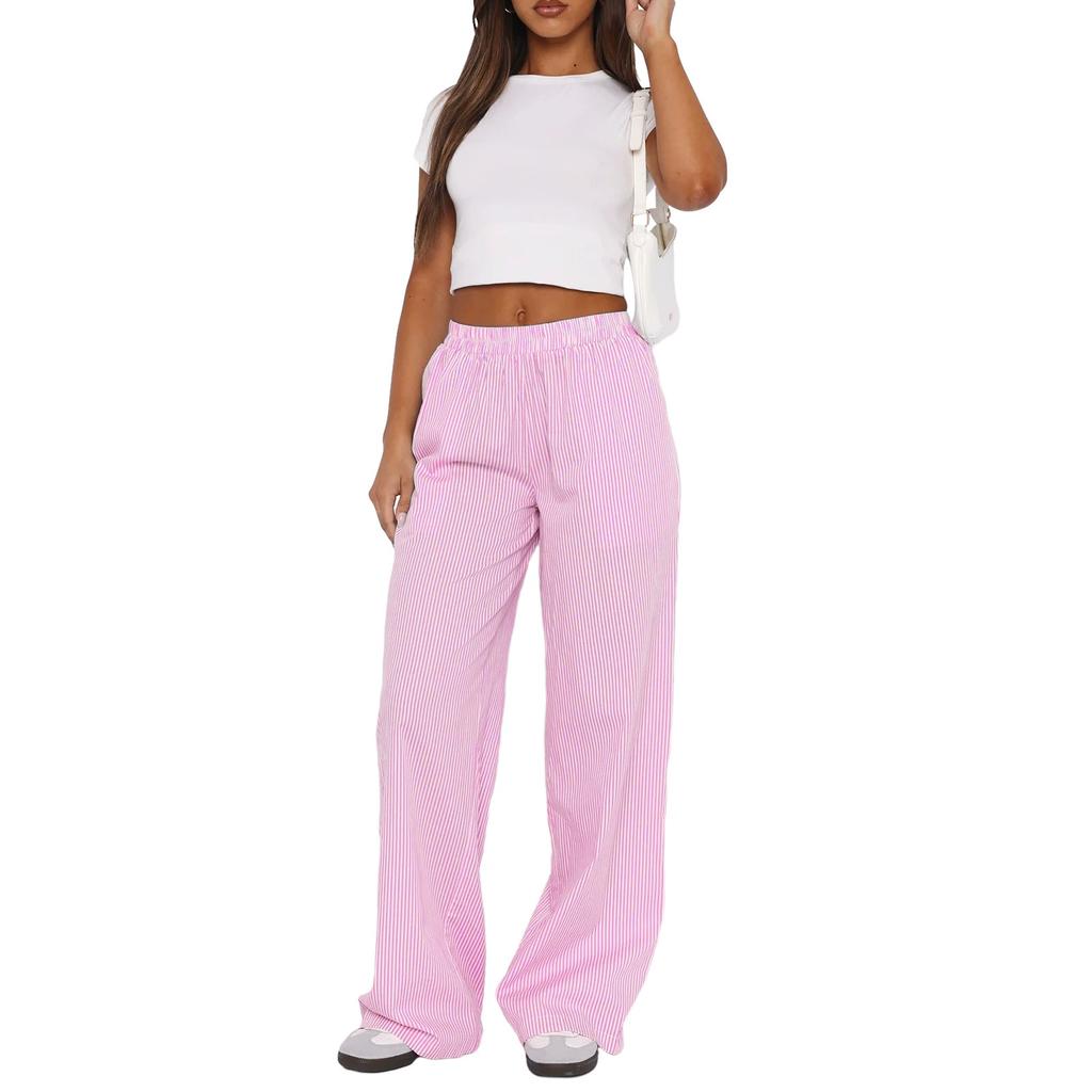 2024 Women's Striped Wide Leg Pants Casual Street INS Fashion Loose High Waist Pants