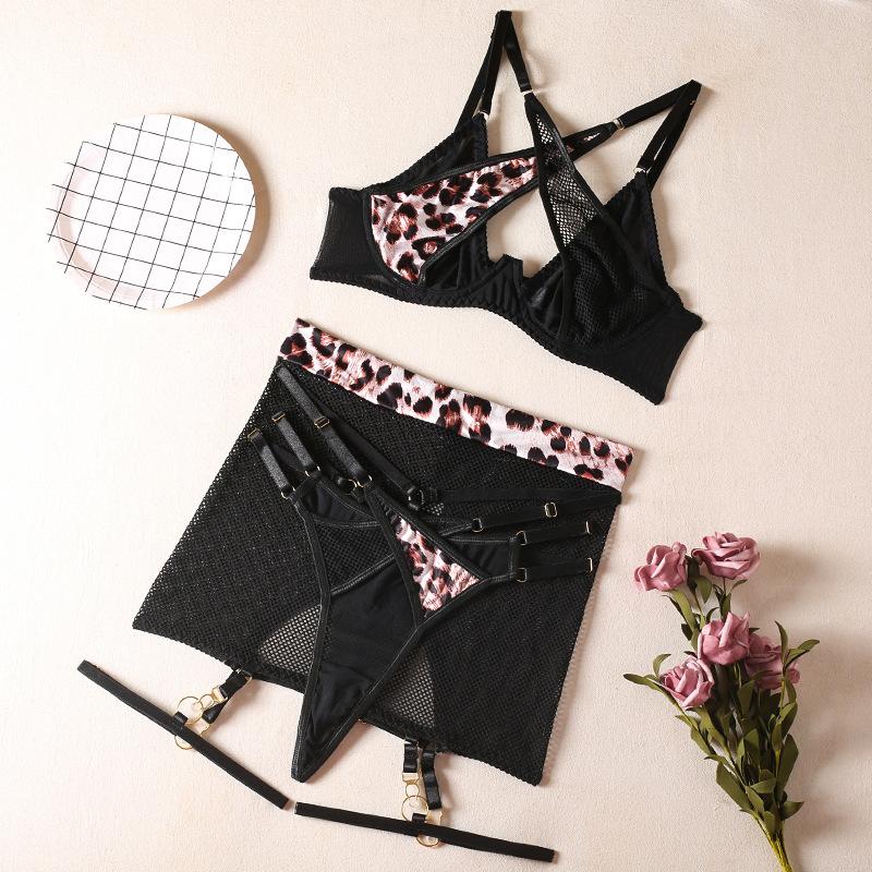 High-quality New Splicing Leopard Print Bra Mesh Perspective with Steel Ring Luxury Sexy Underwear Set
