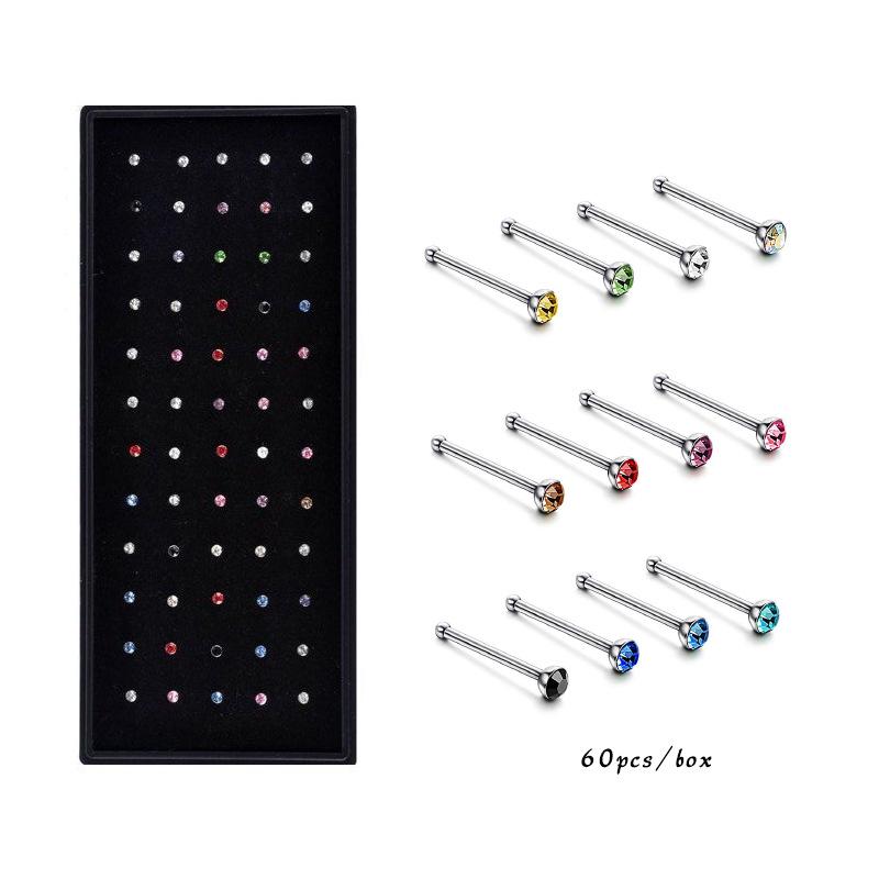 60pcs 1.8mm Stainless Steel Rhinestone Nose Studs & Ear Cartilage Jewelry