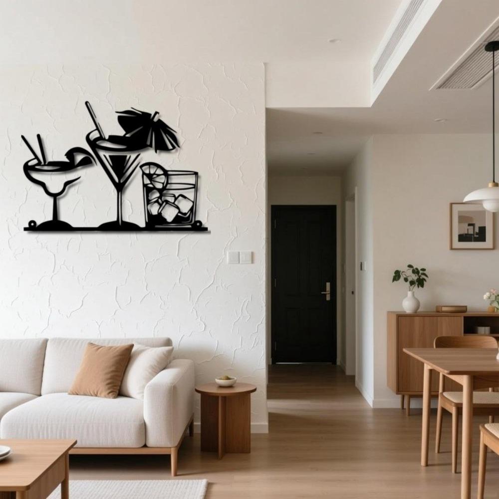 1 st Modern Metalen Wijnglas Muurkunst, Cocktail Thema IJzeren Beeldhouwwerk, Duurzaam Horizontaal Home Bar Decor voor Schouw, Plank, Man Cave, Feest